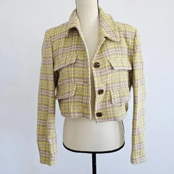 Zara Beige & Yellow Textured Cropped Blazer Button Down Size Large